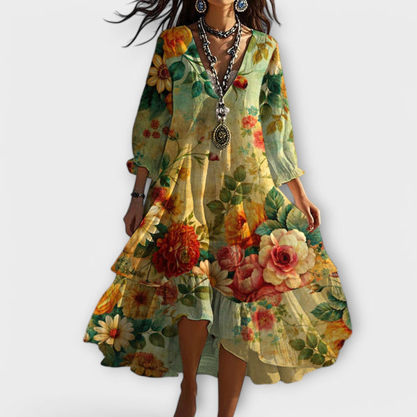 Vintage boho šaty s květinovým vzorem a výstřihem do V